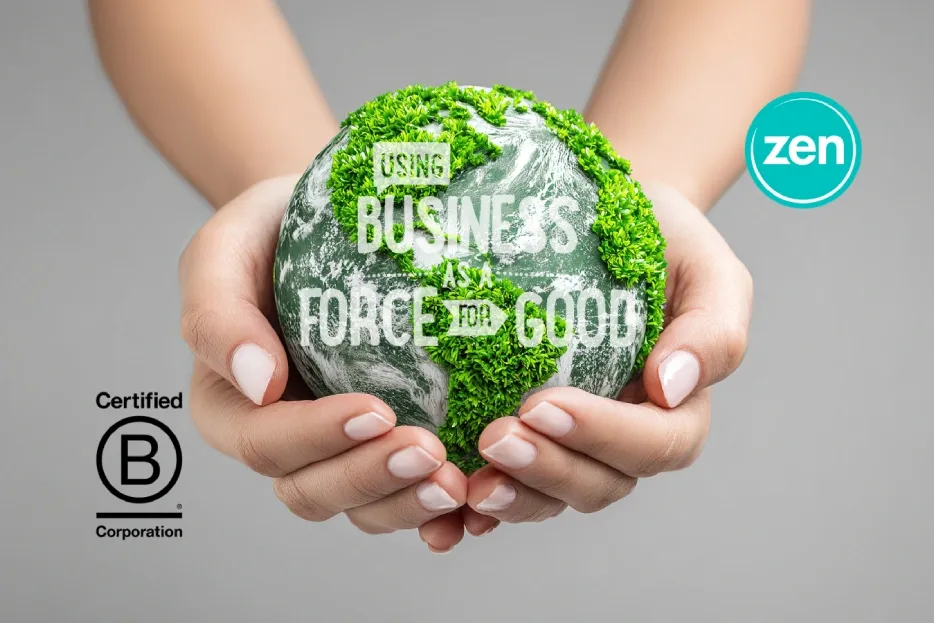 Hands gently cup a small globe with the text 'USING BUSINESS AS A FORCE FOR GOOD.'