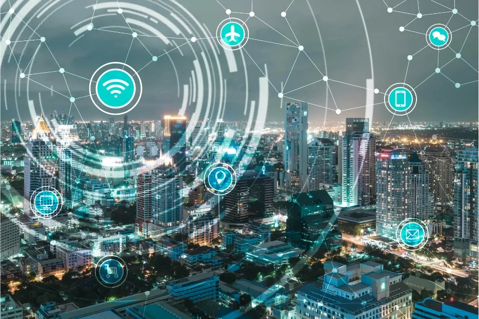 Futuristic smart city with glowing digital network connections and technology icons overlayed.