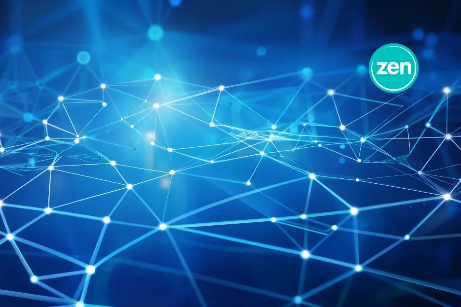 An abstract blue network of glowing lines and connected dots with a 'zen' logo.