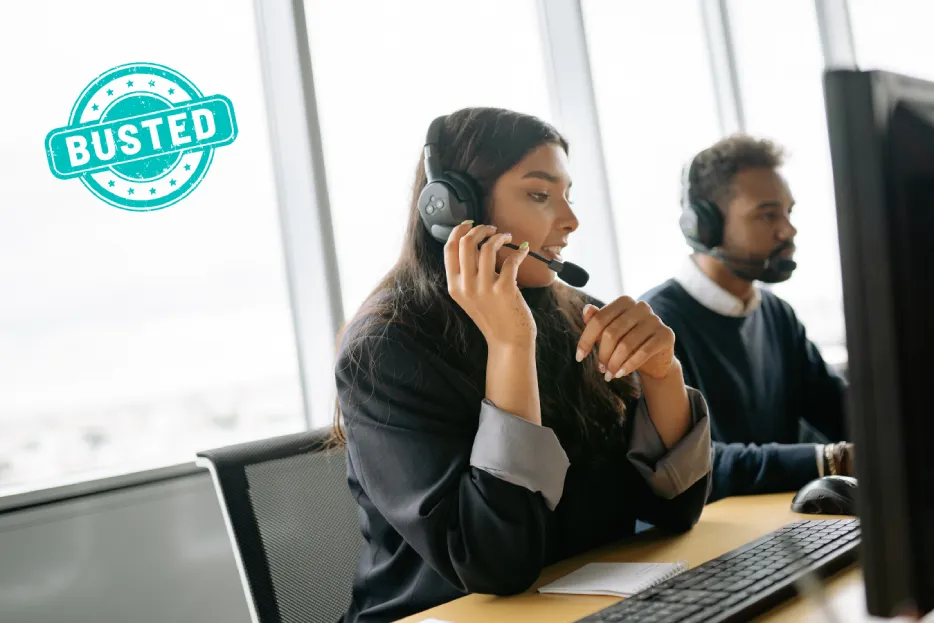 Customer service agents wearing headsets work at computers with a 'BUSTED' stamp.