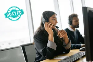 A woman in a headset working at a call center, with 'BUSTED' overlay.