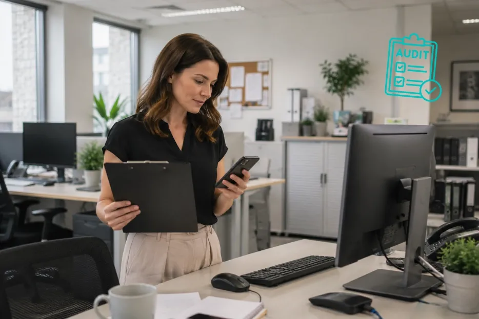 Woman in an office reviewing her phone and holding a clipboard with a checklist icon.
