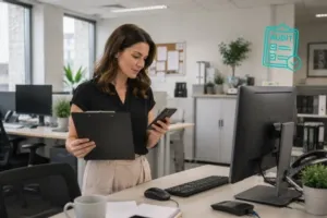 Woman in office holding tablet and smartphone, interacting with virtual digital documents.