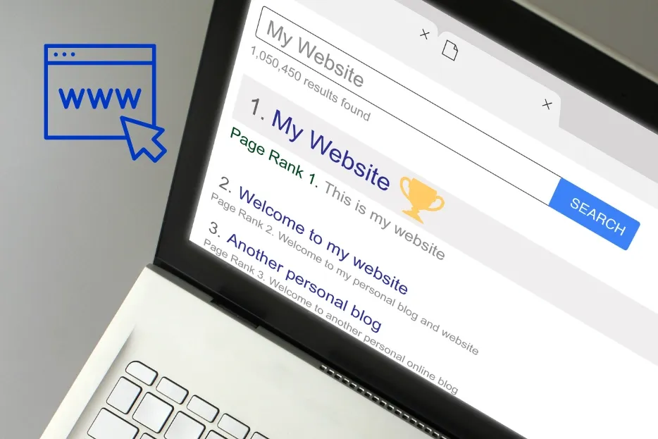 Laptop screen showing search results with 'My Website' listed as Page Rank 1.