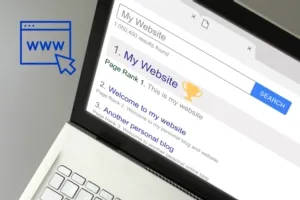 Laptop screen displays "My Website" at Page Rank 1 in search results.