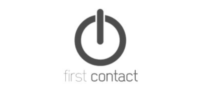 Dark gray power symbol over 'first contact' text on a white background.