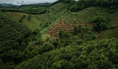 Lush green mountains and hills stretch under a cloudy sky, with terraced fields visible.