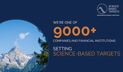 Graphic: 9000+ companies and institutions are setting science-based targets, featuring a mountain landscape.