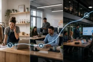 Three business scenes linked by a glowing blue line illustrating progression and growth.