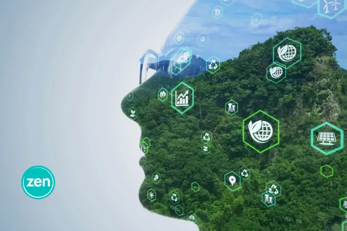 Profile silhouette of a human head filled with green trees and sustainability technology icons.
