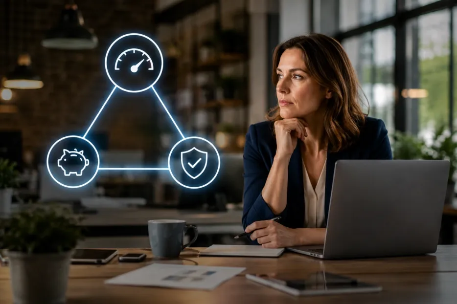 Woman contemplating business concepts: performance, savings, and security represented by glowing icons.