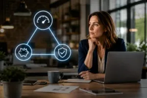 Woman at desk with laptop looking at a glowing blue infographic of performance, savings, and security.