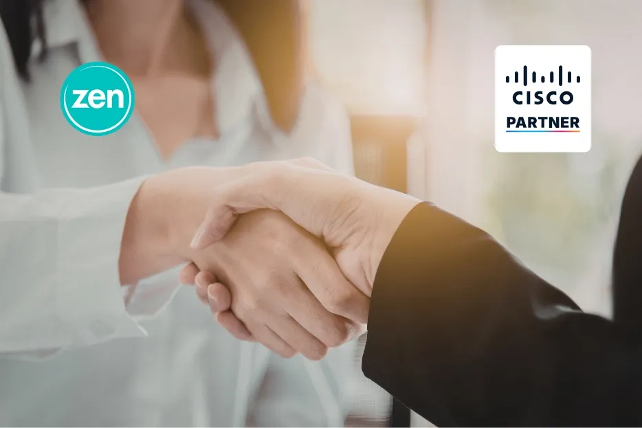 Two people shaking hands, with Zen and Cisco Partner logos indicating a collaboration.