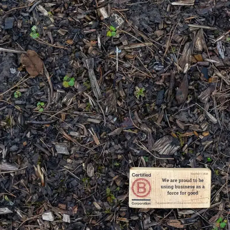 Dark soil with small green sprouts and a 'Certified B Corporation' sign.