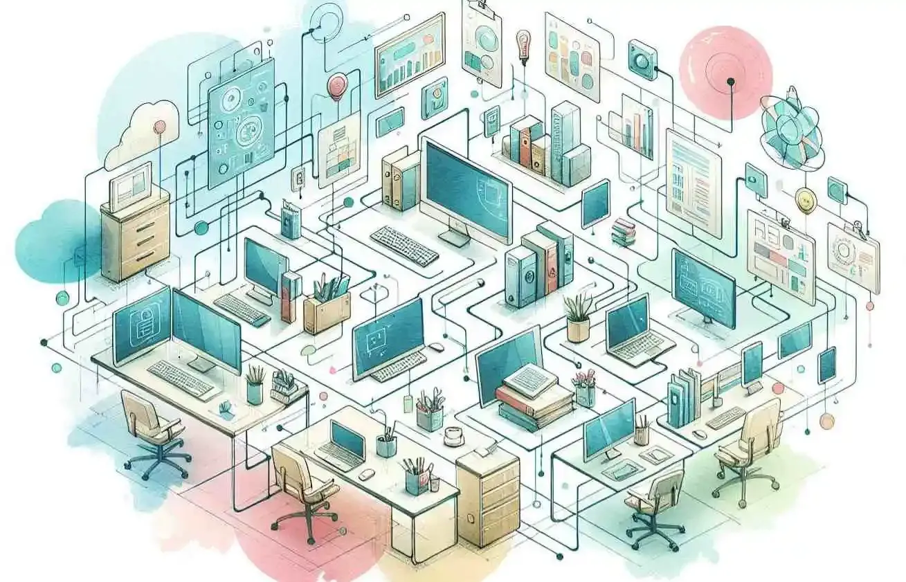 Stylized illustration of a complex digital network connecting office desks and computers.