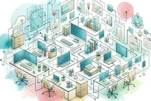 Stylized drawing of multiple office workstations connected by a digital network.