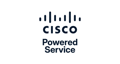 Cisco logo with 'Powered Service' text below it on a dark background.