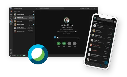 Dark mode desktop and mobile communication apps displaying call interfaces with a brand logo.