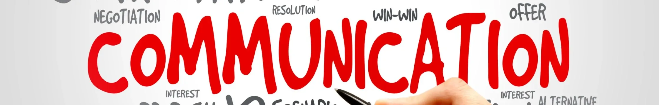 The word COMMUNICATION in red, surrounded by related terms, with a hand writing.