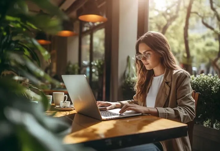 A young woman in a cafe works diligently on her laptop, surrounded by lush greenery.
