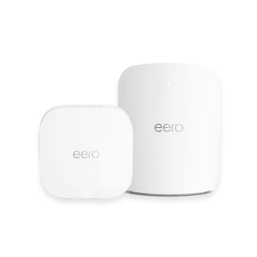 Two white eero Wi-Fi mesh routers of different sizes on a black background.