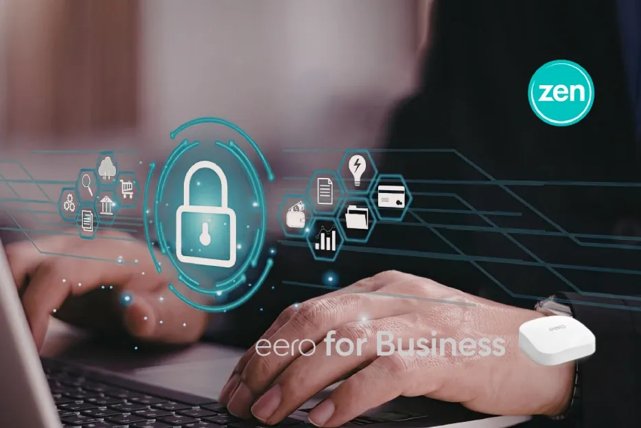 Person typing on a laptop, with digital security icons, 'eero for Business' branding, and an eero device.