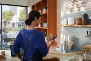 Woman in cafe apron holds phone, looking at menu items behind the counter.