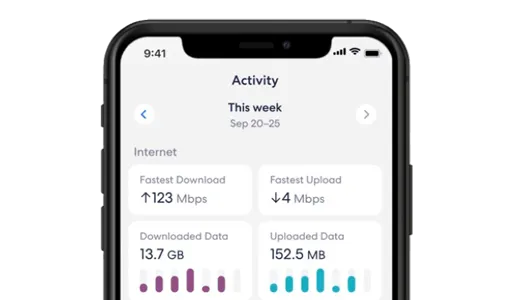 Smartphone displaying an internet activity app with download/upload speeds and data usage.