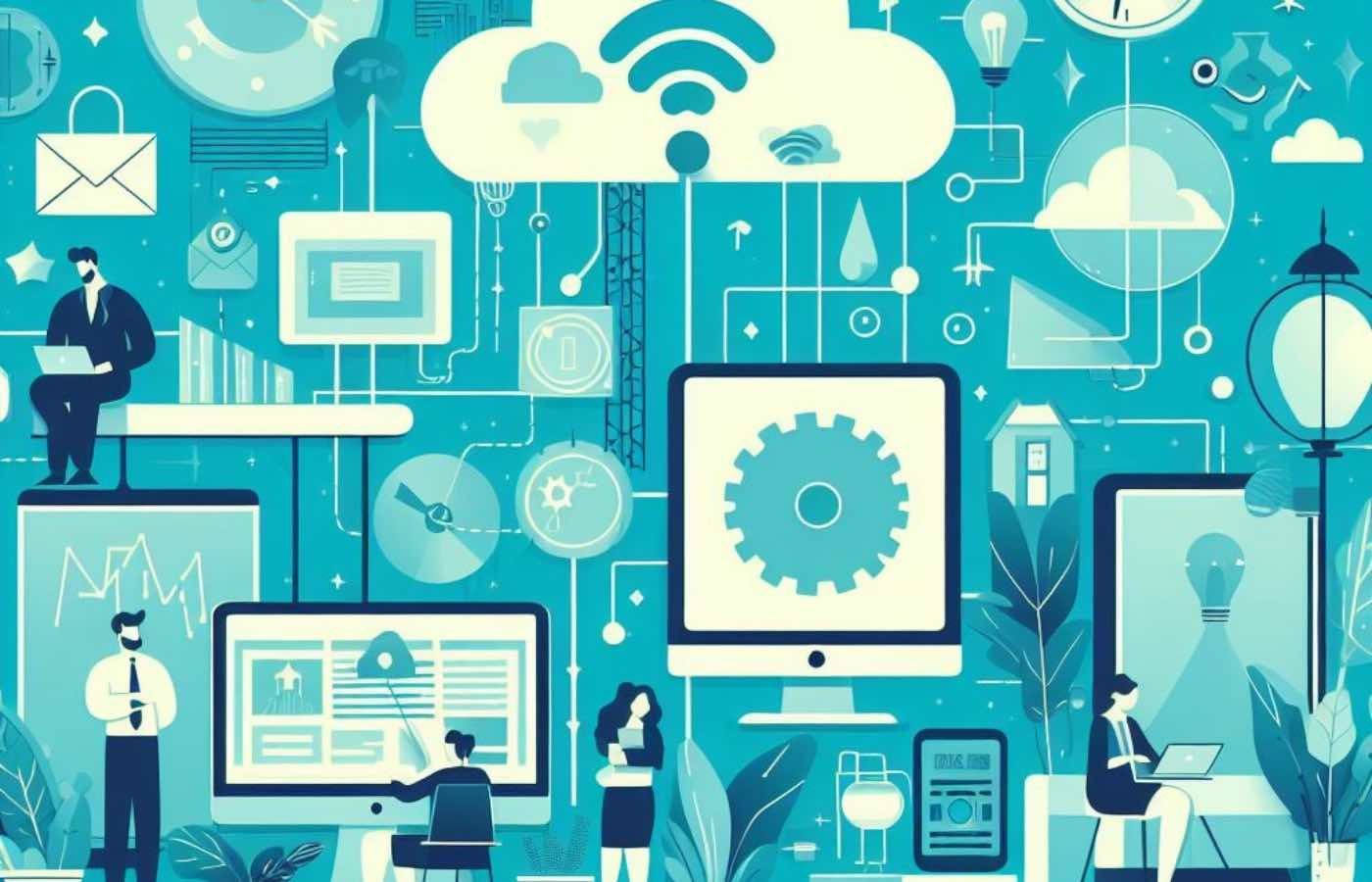 A detailed illustration of cloud computing, networked devices, and people collaborating on technology.