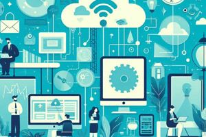 Illustration of a digital ecosystem with cloud computing, connected devices, and people collaborating.