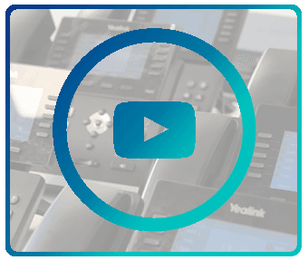 Blue play button inside a gradient circle over a blurred background of Yealink desk phones.