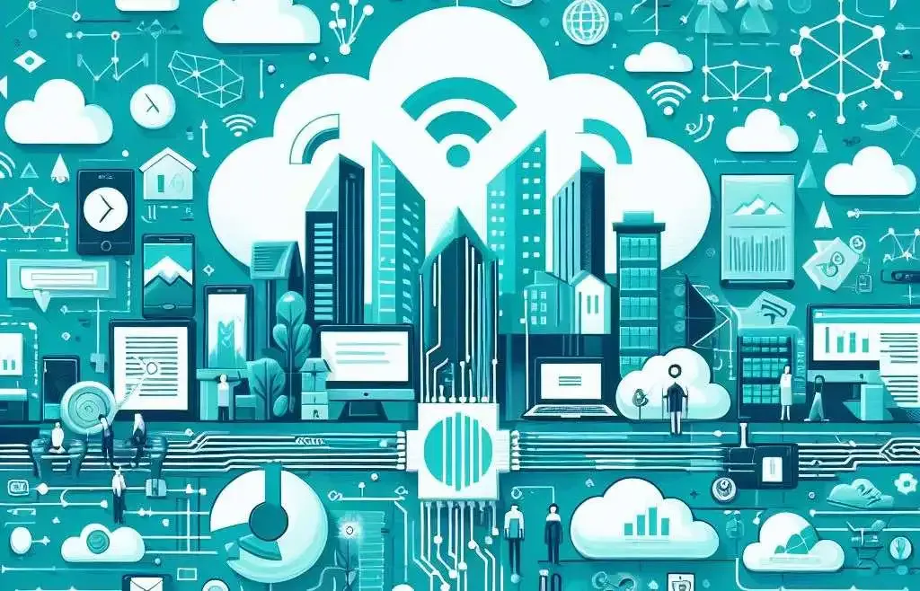 Digital illustration of a smart city skyline connected by cloud computing and data networks.