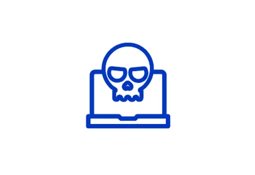 A blue outline of a laptop screen displaying a skull icon with menacing eyes.
