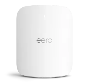 White eero mesh Wi-Fi device with rounded edges and the eero logo.