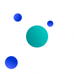 A central teal sphere with three smaller blue spheres orbiting on concentric rings.