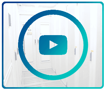 White hallway with rows of modern doors, overlaid with a prominent blue play button icon.