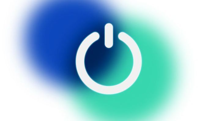 White power button icon on a blurred blue and green background.