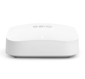White Eero mesh Wi-Fi device with rounded corners, showing the Eero logo.
