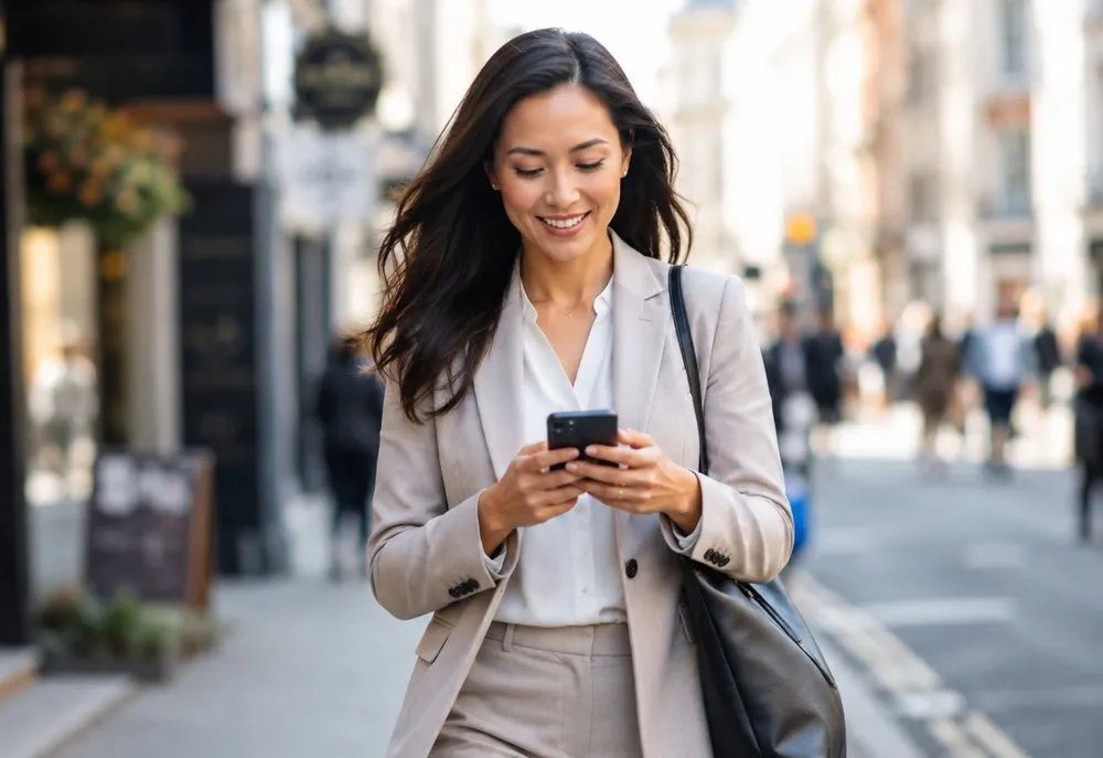 Smiling woman walks down an urban street, looking at her smartphone.