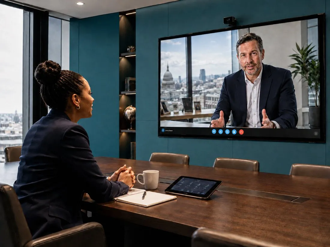 A woman at a conference table is video conferencing with a man on a large screen.