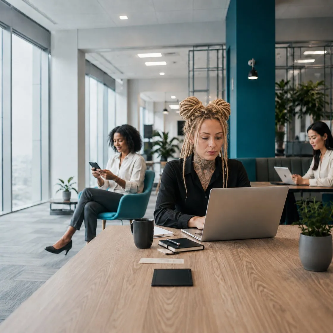 Woman with dreadlocks working on a laptop in a bright, modern office space.
