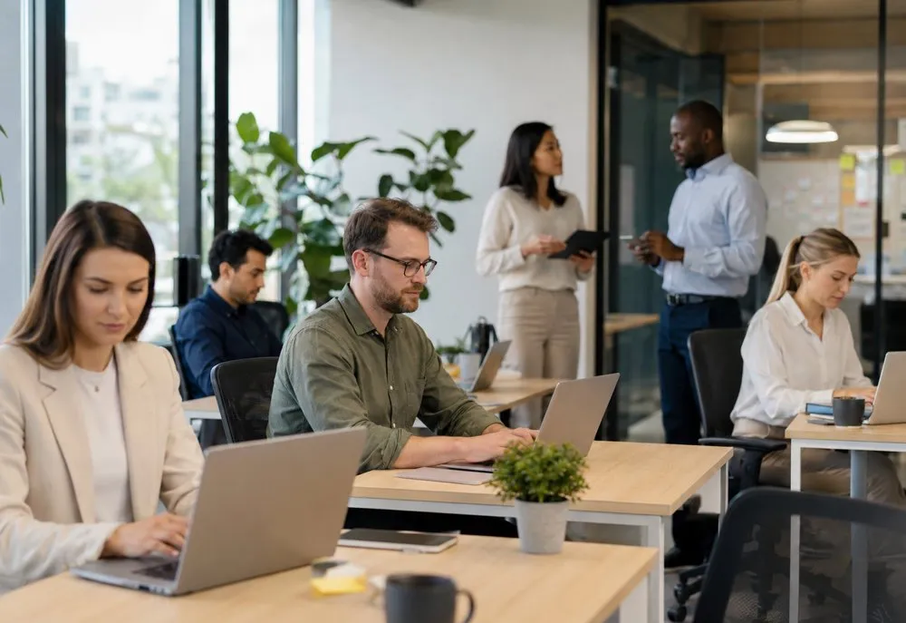 People working collaboratively in a bright, modern open-plan office space on laptops.