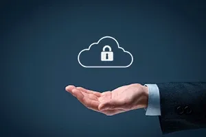 A hand holding a secure cloud icon with a padlock symbol.