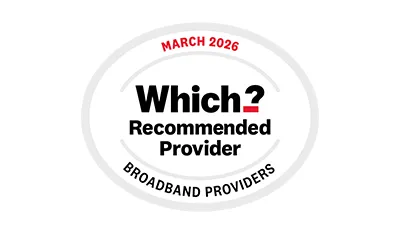 Which? Recommended Provider badge for Broadband Providers, valid until March 2026.