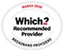 White circular badge displaying 'Which? Recommended Provider Broadband Providers March 2024'.