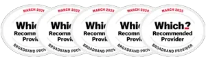 Five identical 'Which? Recommended Provider' badges from March 2021, 2022, 2023, 2024, and 2025.