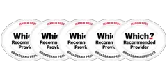Five Which? Recommended Broadband Provider awards from March 2021 to March 2025.