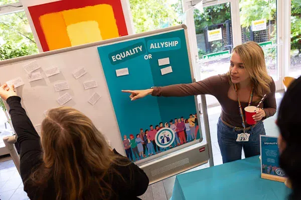 A woman points to an 'Equality Allyship' whiteboard during an interactive workshop with another person.
